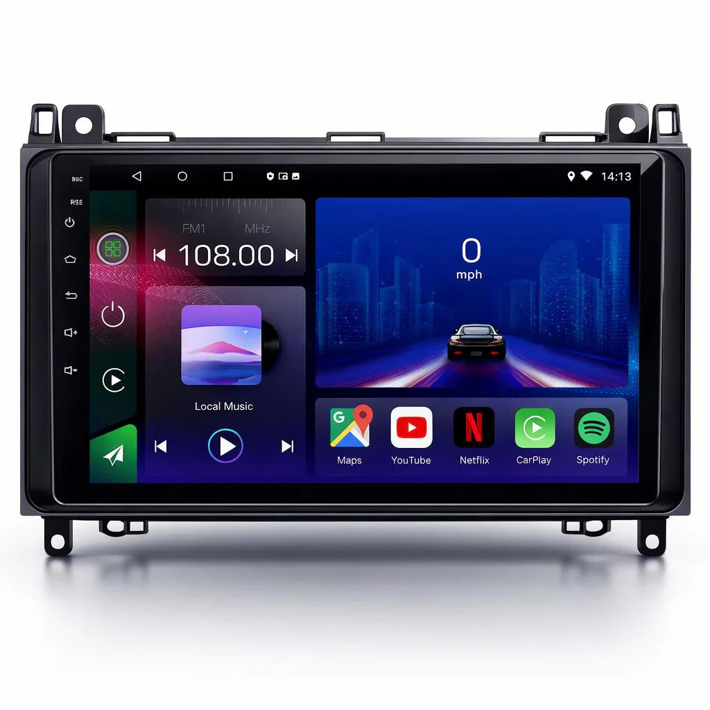 Android car stereo head unit with touchscreen navigation and media apps