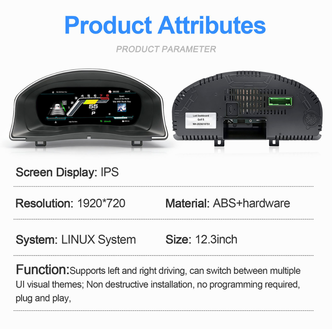 Volkswagen Golf MK5 2003-2008 Digital Instrument Cluster – Linux System LCD Dashboard