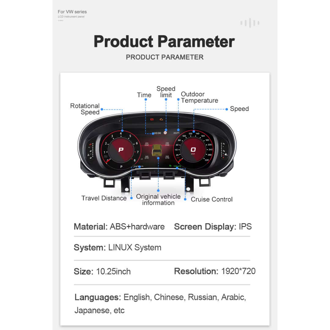 Volkswagen Golf MK6 2008-2012 Digital Instrument Cluster – Linux System LCD Dashboard