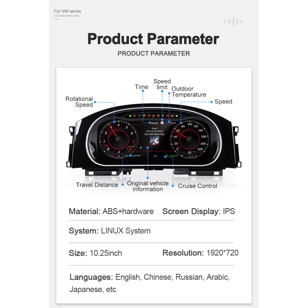Volkswagen Golf MK7 2013-2020 Digital Instrument Cluster – Linux System LCD Dashboard