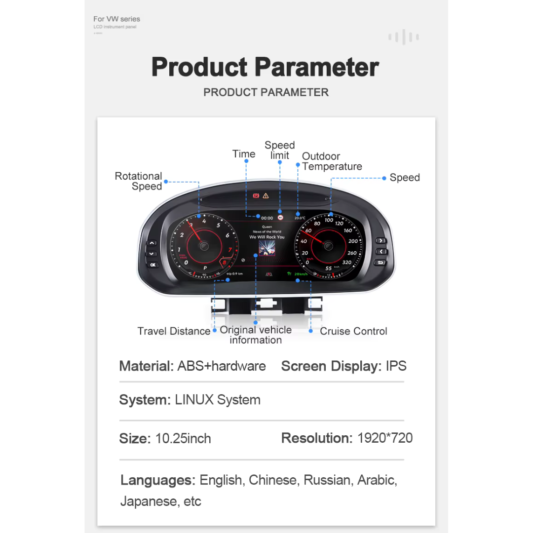 Volkswagen Jetta 2013-2019 Digital Instrument Cluster – Linux System LCD Dashboard