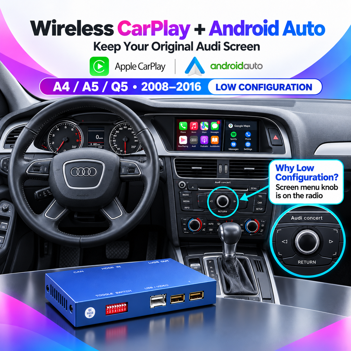For Audi Wireless Apple CarPlay Retrofit Android Auto Decoder Integration