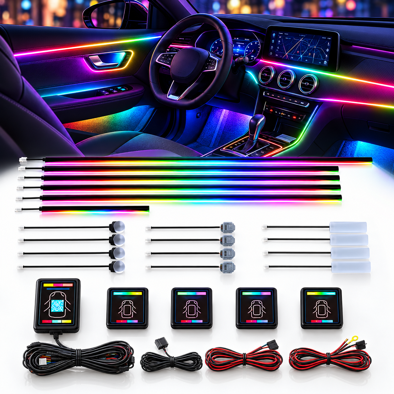 18-in-1 RGB LED Car Interior Ambient Lighting Kit – Dashboard, Door & Footwell Lights - Pluscenter