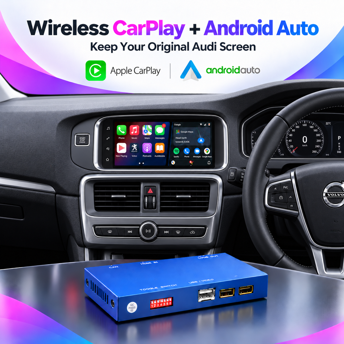 Decodificador sem fio Apple CarPlay para Peugeot/Citroen Android Auto Box