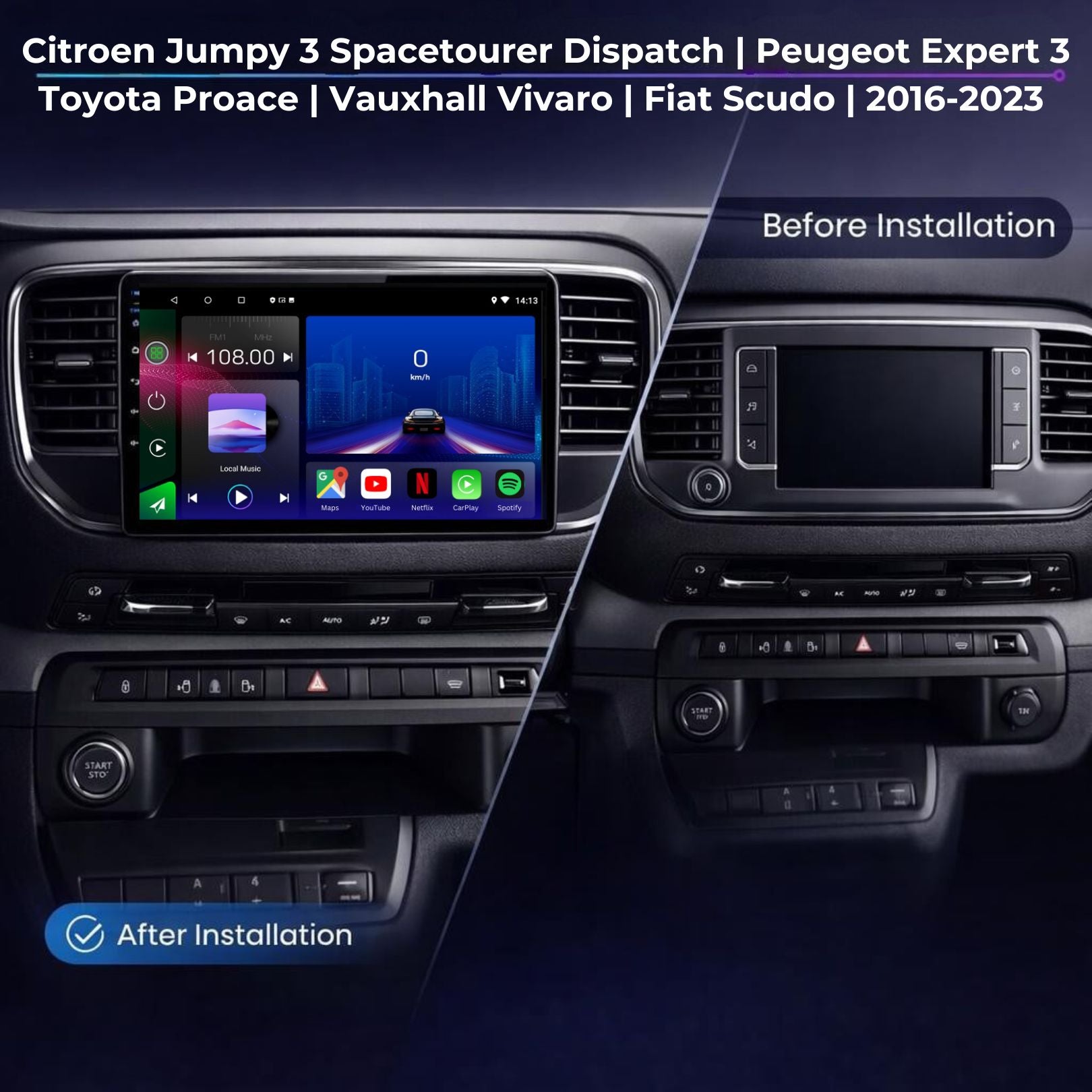 Citroen Jumpy 3 Spacetourer Dispatch | Peugeot Expert 3 | Toyota Proace | Vauxhall Vivaro | Fiat Scudo | 2016-2023 | Android 14 | Car Stereo | Head Unit - Pluscenter